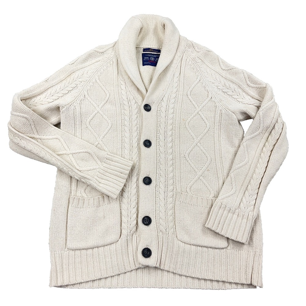 Vintage Y2K American Eagle Cardigan Sweater Men Large White Chunky Cable Knit *